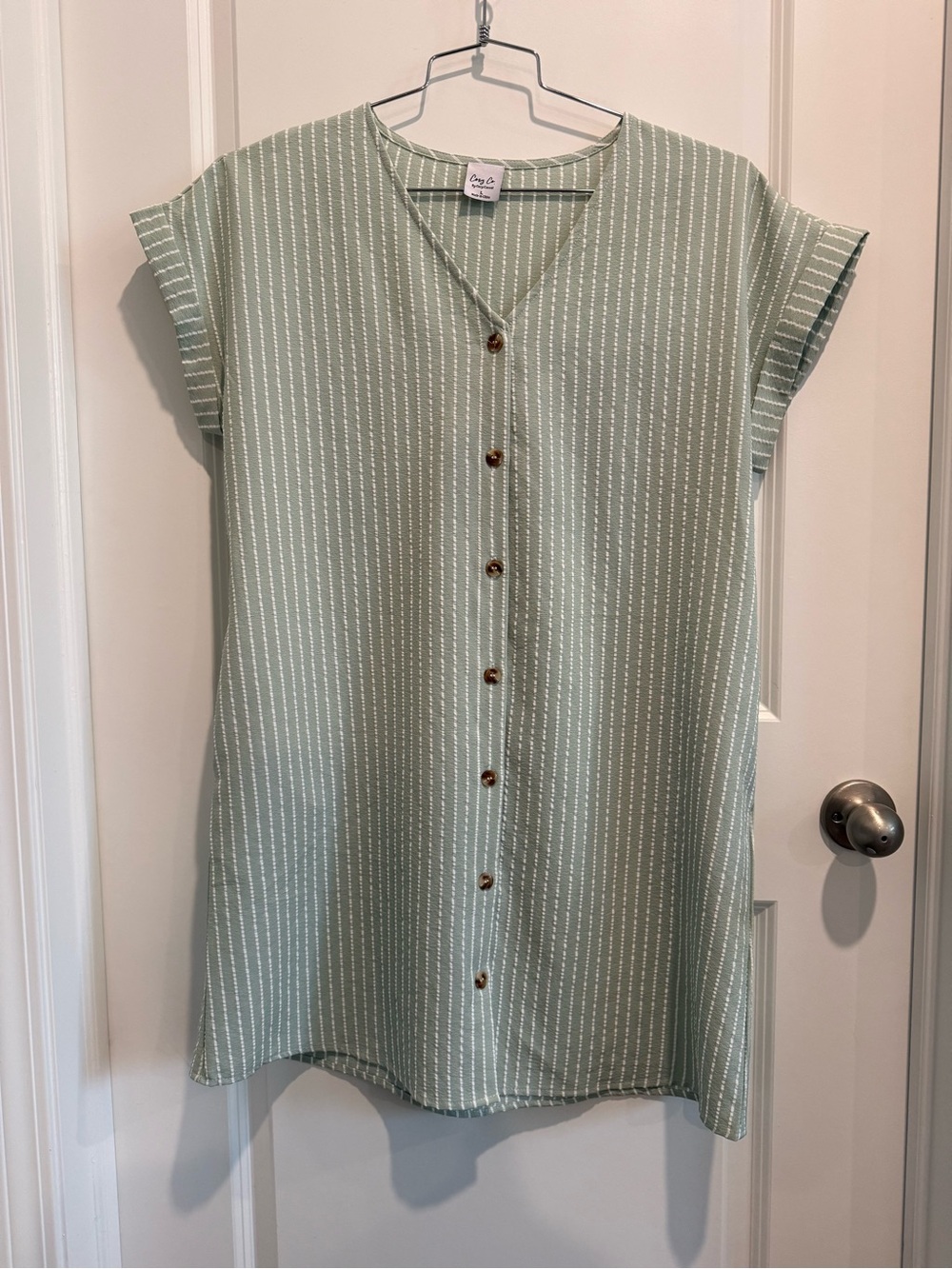 Cozy Casual Sage Green Striped Button-Front Midi Dress